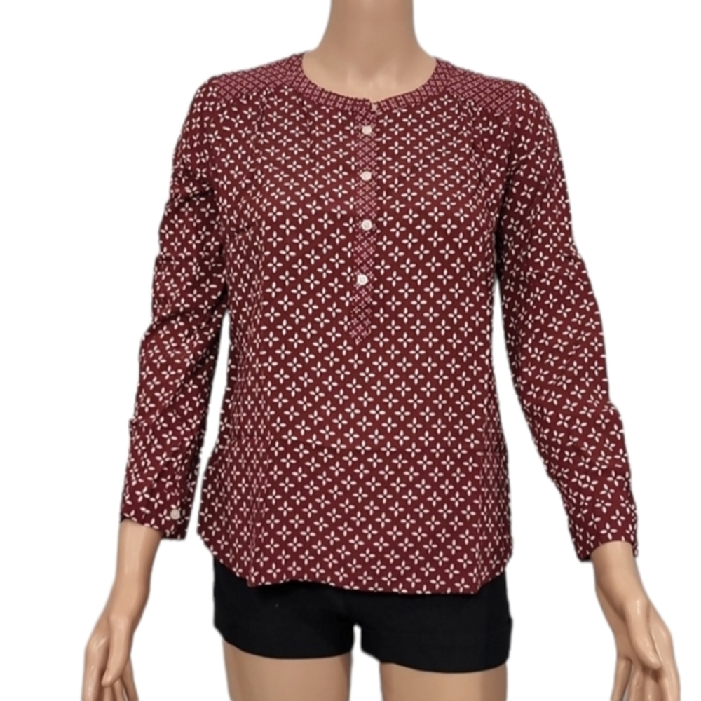 LOFT Womens XSP  Red‎ White L/S Button Front Blouse 100% Rayon